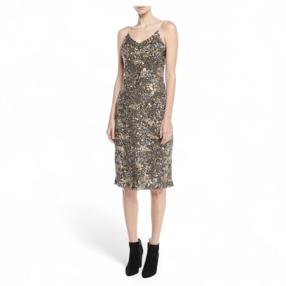 NWT JOIE Hasana Sequined Midi Slip Dress Camo Silver Sand Size 4 Spaghetti Strap